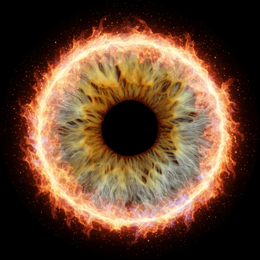 Golden iris artwork with a ring of fire, an example of iris photography for events