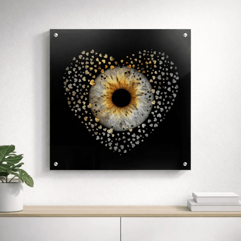 Golden iris with fine particles on a square black acrylic panel