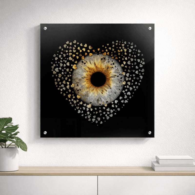 Golden iris with fine particles on a square black acrylic panel