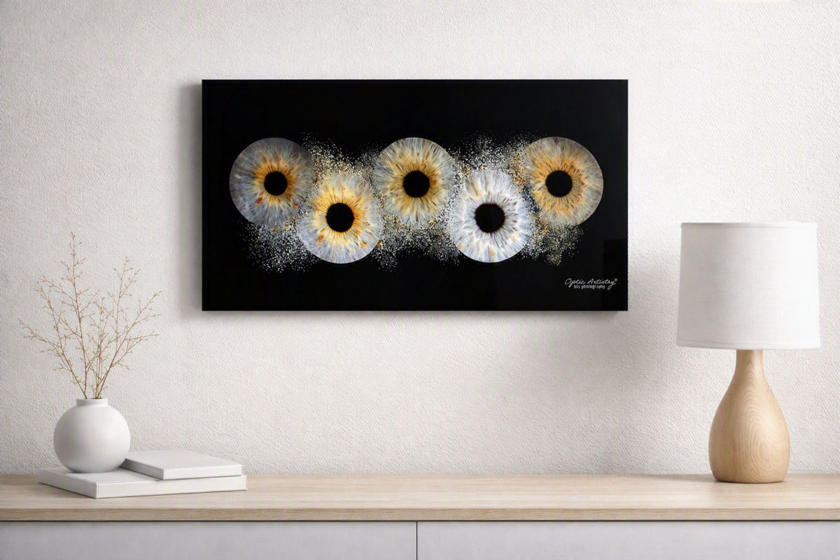 Multiple iris portraits on a panoramic black ChromaLuxe panel above a cabinet