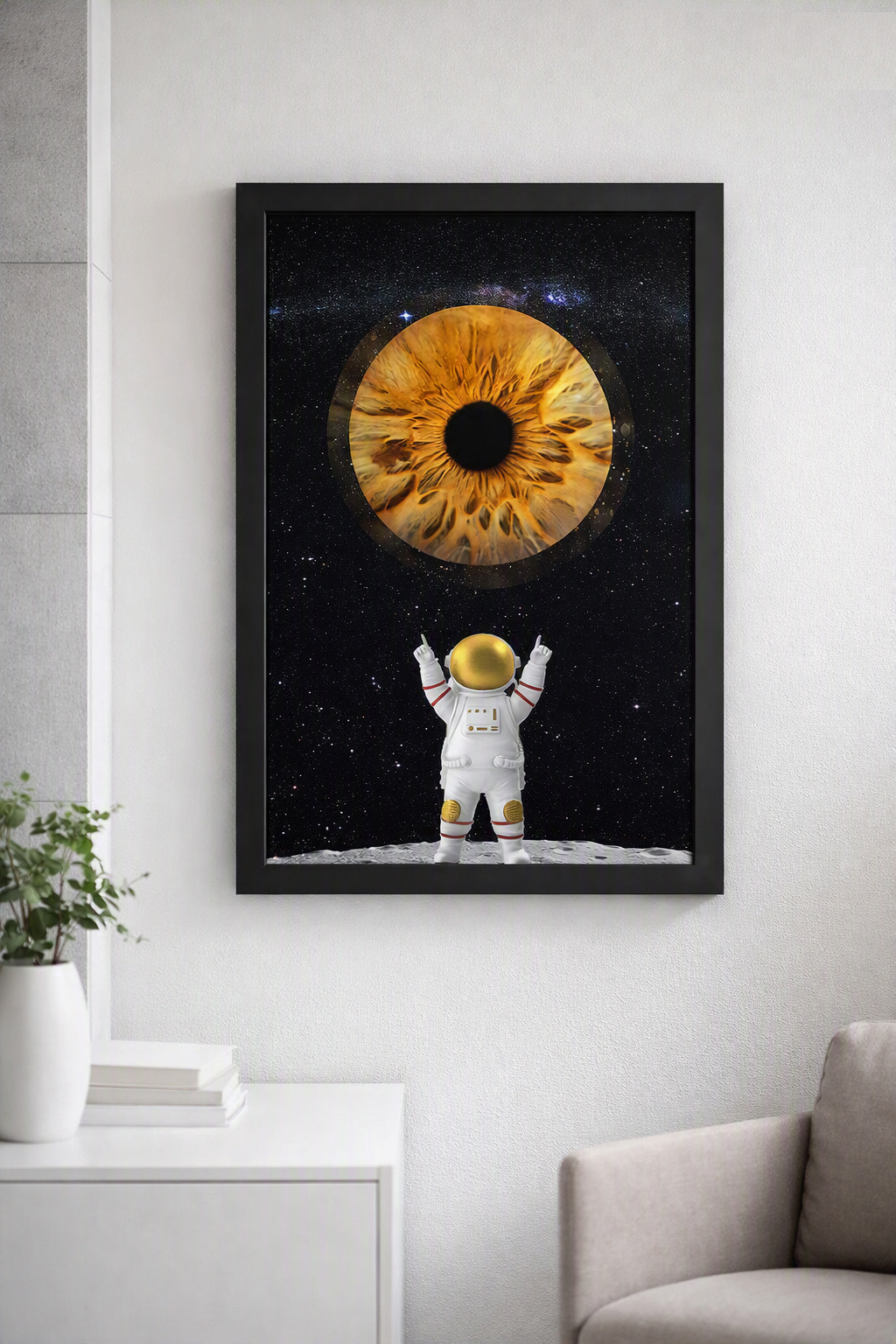 Astronaut on the moon viewing brown iris wall art by Optic Artistry