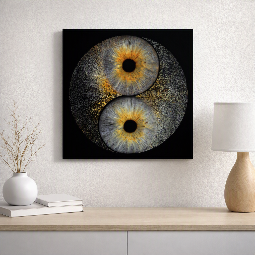 Yin Yang iris wall art set displayed above a unit at Optic Artistry