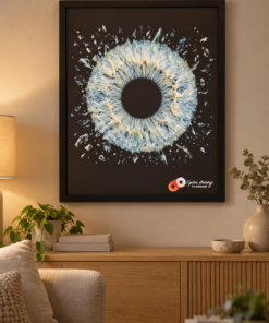 Illuminart iris artwork in a matt black frame displayed above an oak console in a cosy living room
