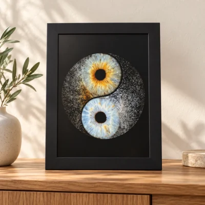 A4 framed pearlescent iris print with two blue and gold irises in a black frame on an oak console