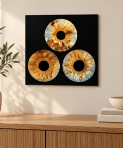 Classic Iris Collection with three golden irises on a square matte panel above an oak console