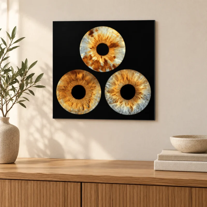 Classic Iris Collection with three golden irises on a square matte panel above an oak console