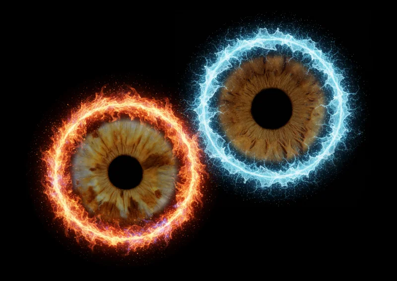 Two golden irises surrounded by contrasting fire and ice effects on black